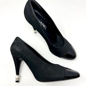 CHANEL Black Suede Pearl Accent Patent Leather Cap Toe Pumps
